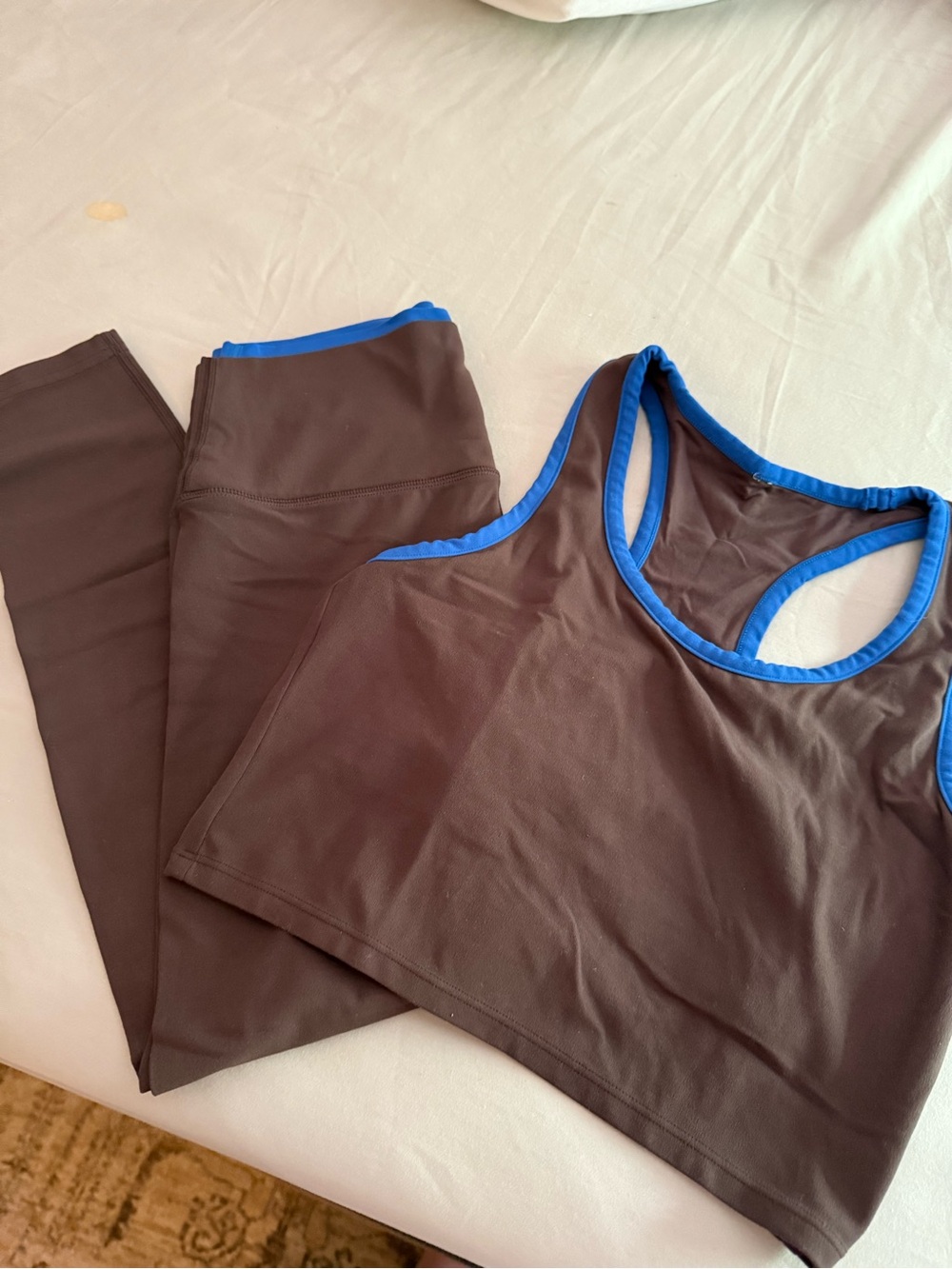 Splits59 Brown Leggings and Crop Sports Bra with Blue Trim